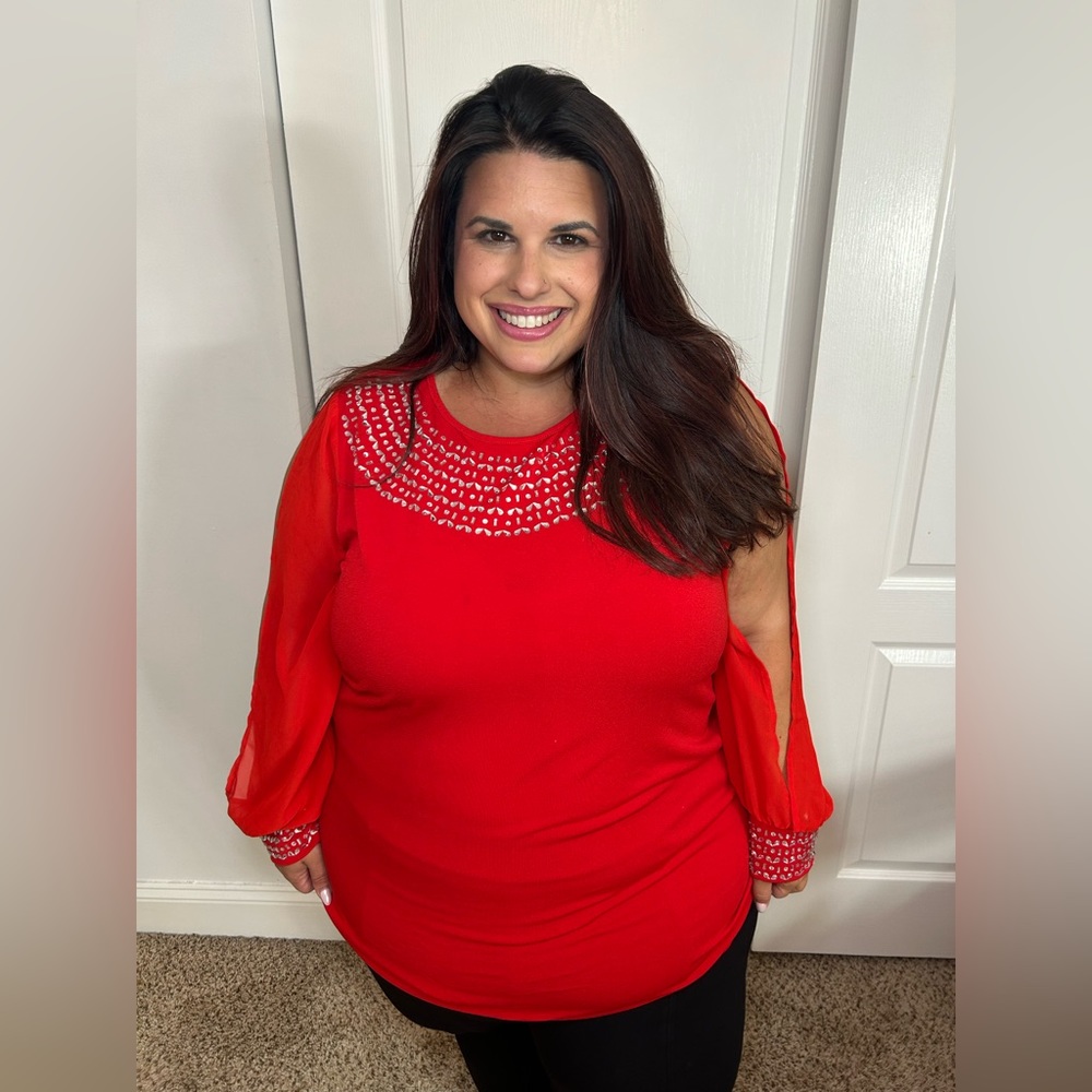 Red Long-Sleeve Embellished Women's Top